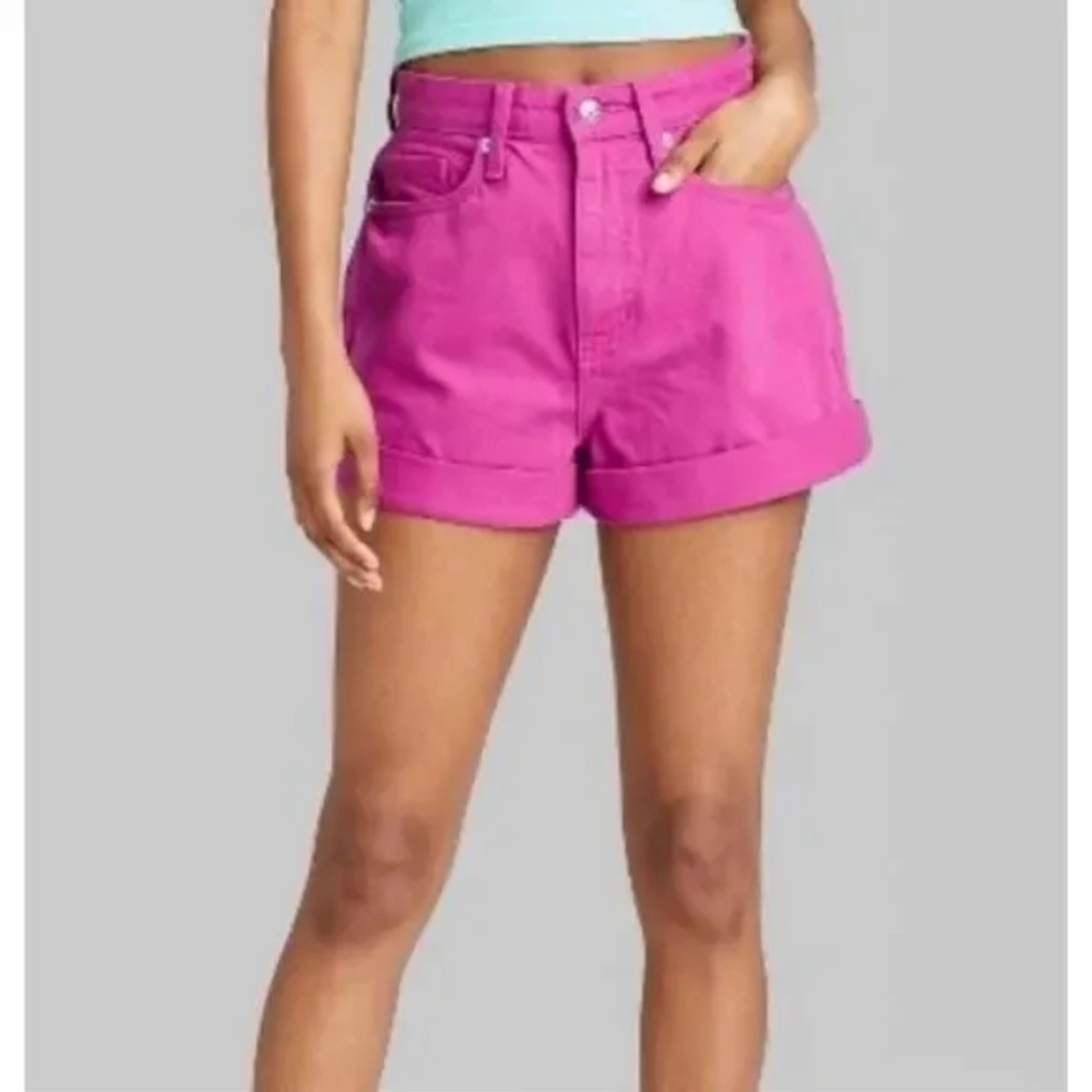 WILD Fable Highest Rise Mom Jean Cuffed Shorts in Fuchsia Pink - Picture 2 of 13